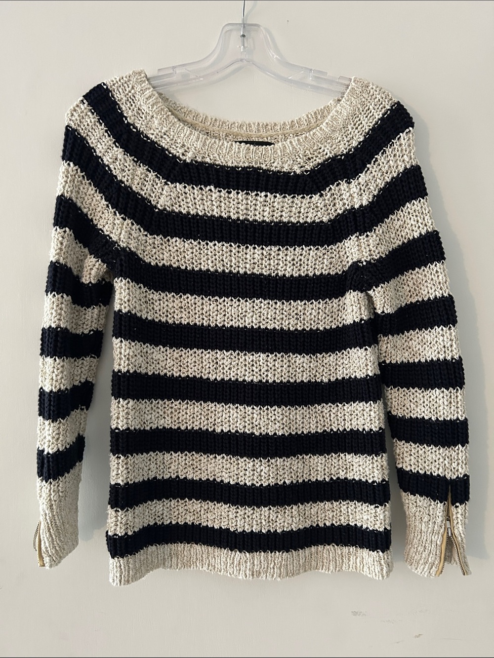 Ann Taylor Dark Navy & Cream Striped Open-Knit Sweater